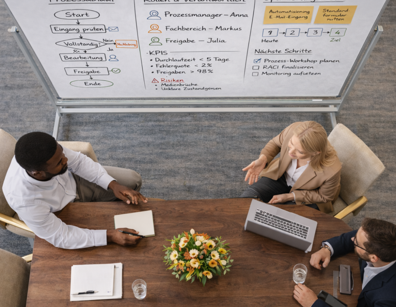 "So arbeitet MTNexus" Bild Team analysiert Prozessablauf mit Flussdiagramm an Whiteboard
