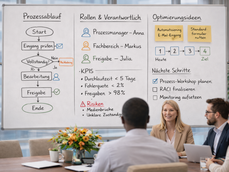 Leistungen 1 Team bespricht strukturierten Prozessablauf im Workshop