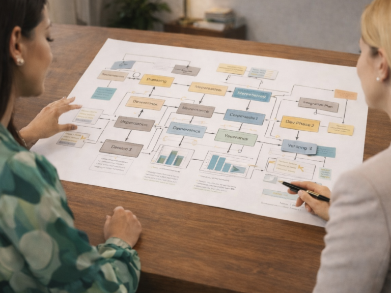 Erweiterung & Skalierung Zwei Personen überprüfen komplexes Prozessdiagramm auf Papier
