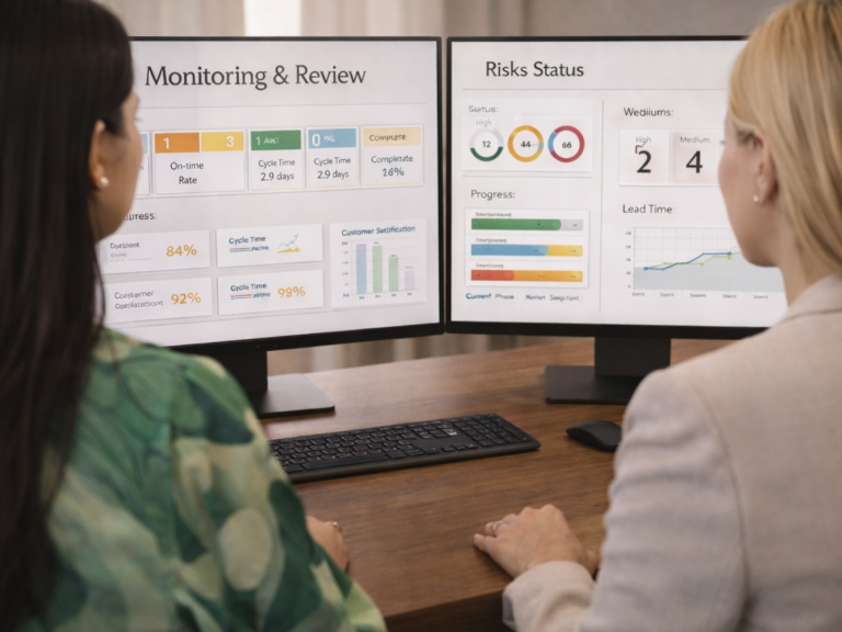 Leistungen 2 Mitarbeiterin analysiert KPI-Dashboard auf zwei Bildschirmen